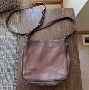 Fossil Preston Brown Pebbled Leather Expanding Zip Around Crossbody Purse Bag